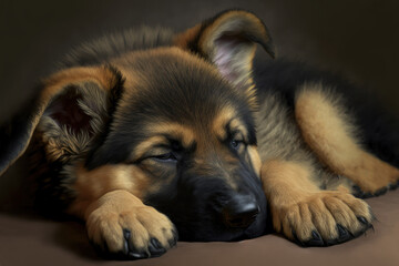 Wall Mural - German shepherd puppy sleeping, close up. Baby dog portrait. Generative AI