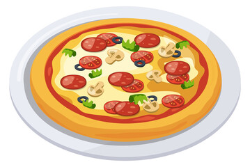 Sticker - Pizza on plate. Traditional italian dish cartoon icon