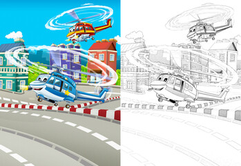 Wall Mural - cartoon happy scene with helicopter flying in city