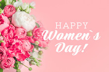 Women's Day Greeting Card With A Bouquet Of Peonies, Eustoma, Spray Rose In A Pink Box On A Pink Background