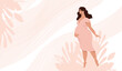 Beautiful pregnant woman on a pink background with a plant, the concept of motherhood and family. Pregnancy, goods for preparation for childbirth. Modern vector banner.