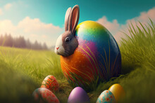 Colorful Easter Eggs And Bunny In 3D With Intricate Painted Patterns - Generative Ai