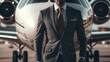 © Nattawit - A gentleman is business suit is standing in front of the private jet. The Billionaire, businessman successful concept scene. Generative Ai image.