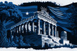 Parthenon temple in Athens, Greece, with the Greek flag incorporated into the background. The image also features iconic landmarks of Athens, such as the Temple of Olympian Zeus, generative ai