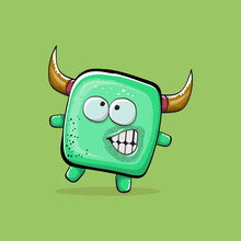 Vector Cartoon Funny Green Monster With Horn Isolated On Green Background. Smiling Silly Green Monster Print Sticker Design Template. Ghost, Troll, Gremlin, Goblin, Devil And Monster Clip Art