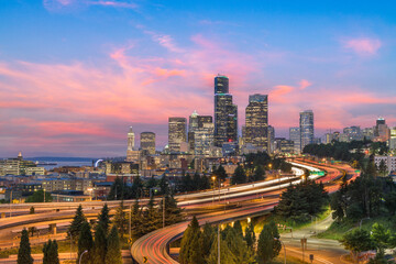 Fototapete - Seattle, Washington, USA Downtown Skyline and Highways