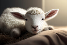 Sheep Lamb Baby Portrait, Close Up. Small Farm Animal Resting. Generative AI