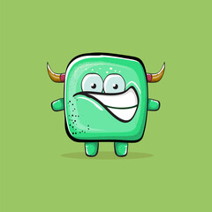 Vector cartoon funny green monster with horn isolated on green background. Smiling silly green monster print sticker design template. Ghost, troll, gremlin, goblin, devil and monster clip art