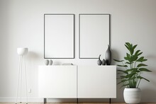 Living Room Illustration With Two Blank Canvases. Profile, White Sideboard, Simple Decoration. Light Parquet. Generative AI