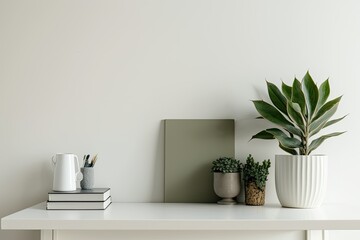 Poster - a white desk with a green houseplant, a shelf facing an empty beige wall, and text space. Generative AI