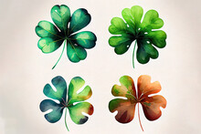 Set Of Watercolor Four-leaf Clovers. Happy St. Patrick's Day. Mixed Media, Vector Illustration, Realistic. Generative Ai