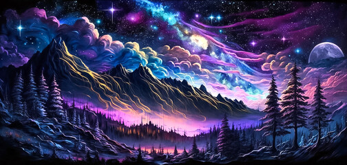 Wall Mural - fantasy landscape with mountains, trees and stars in the night sky. horizontal intricate background.