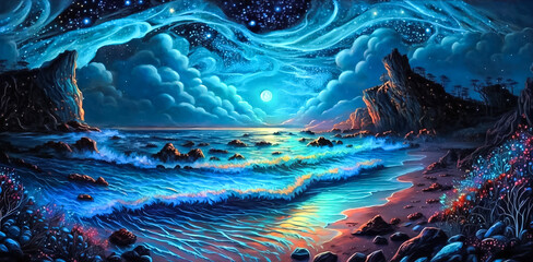 Canvas Print - Fantasy landscape with sea, mountains and moon. Night panorama, digital horizontal painting.