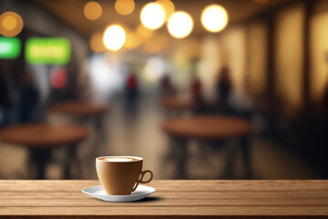 Canvas Print - For a product presentation montage, a focus empty brown wooden table and a coffee shop's blurry background with bokeh image were used. Generative AI