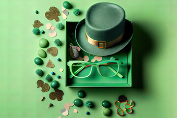 top view photo of st patricks day decorations hat shaped party glasses green bow-tie shamrocks confe