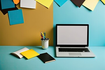 Poster - Modern office with laptop and paper near color wall. Generative AI