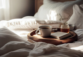tray with cup of hot tea in the bed, lazy morning, warm winter mood, AI Generated