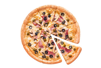 Wall Mural - Delicious pizza with bacon, champignon mushrooms, capers and olives, cut out