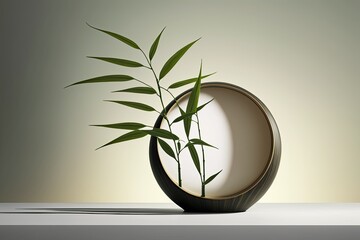 Poster - An authentic looking green bamboo leaf in a natural bamboo vase on a finely crafted wooden round table. Space available for advertising cosmetics and health aids. Background white curtain. Constructiv