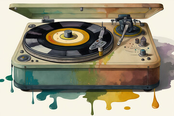 Wall Mural - an old retro turntable,in 70s style, watercolor, nostalgic mood, vintage music theme concept, generative ai illustration