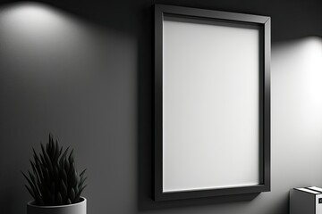 White poster in black frame on wall. Photo mockup. Generative AI