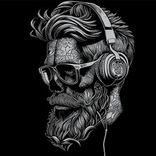 Funky Hipster Skull Wearing Headphones A Trendy And Edgy Illustration, Featuring A Skull With Stylish Headphones, Conveying A Sense Of Modernity And Musicality
