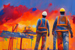 Construction workers on a construction site. Wear PPE for safety and to avoid accidents. Computer generated images using the concept of oil painting.