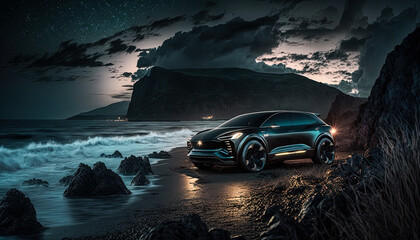 Wall Mural - Luxury concept car at the beach at night. Created with Generative AI