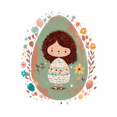 Wall Mural - Illustration of a cute little girl on colored Easter egg created with Generative AI technology