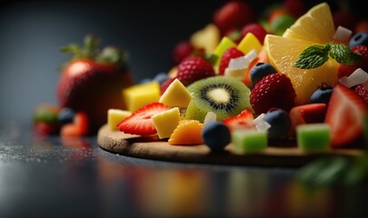 Wall Mural -  a pile of cut up fruit sitting on top of a cutting board.  generative ai