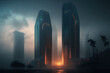 View of a foggy day in a contemporary metropolis World Trade Center Towers at dusk. Generative AI