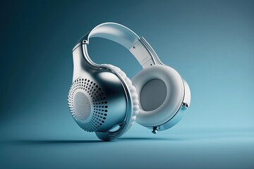 Poster - headphones, wireless, silver and white, floating in the air against a blue gradient. concept for a l