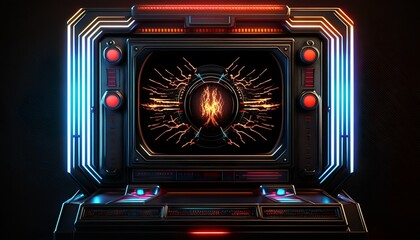 Dark sci-fi television device with cyberpunk screen and neon display in futuristic tech interface  and glowing buttons generative ai