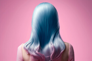 Wall Mural - Beauty fashion woman with colorful blue and pink dyed hair, view from back. Hair salon, care and beauty hair products, trendy coloring. AI generated.