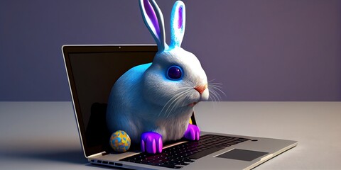 3d rendered Illustration of Programmer easter bunny on laptop. Generative AI