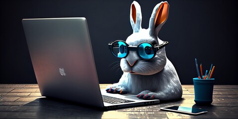 3d rendered Illustration of Programmer easter bunny on laptop. Generative AI