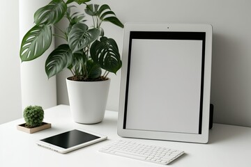 Poster - Cropped shot of minimalist workspace with blank screen tablet, decorations, stationery, and copy space on white table with white wall. Generative AI