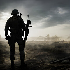 alone Special Forces soldier silhouette standing alone after the war on the battlefield, digital art style, illustration painting. Realistic concept art. Cartoon digital painting. Generative AI
