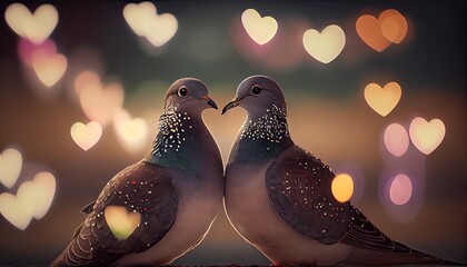 Cute couple of loving and colorful pigeons mating. Wood pigeons, pair of birds mating ritual in hearts shape blur background. Generative Ai