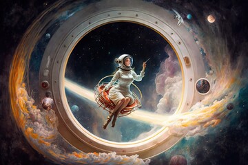Wall Mural - merry go round in space, concept of orbital flight and celestial navigation, created with generative