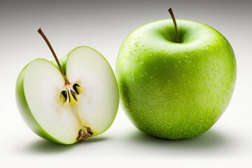 Green apple and a cut half on a white background. AI generated