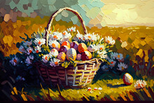 Illustration Of Easter Eggs Basket In A Flower Field, Modern Impressionism, Impasto Artwork. 
Generative AI. 