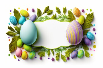 Easter banner with colorful Easter Egg double side border over a white background. Top view with copy space