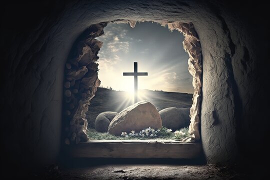 Crucifixion and Resurrection. Empty tomb of Jesus with crosses in the background. Easter or Resurrection concept. He is Risen