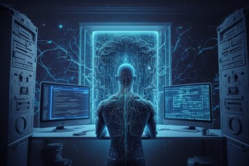 Poster - A robot with artificial intelligence is standing with its back.Futuristic, modern illustration. Innovative technologies. Generative ai