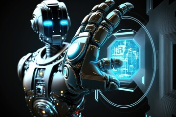 Poster - A robot with artificial intelligence is standing with its back.Futuristic, modern illustration. Innovative technologies. Generative ai