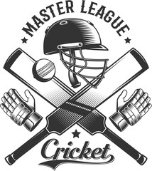 Wall Mural - Cricket retro logo with bats, ball and helmet. vector illustration