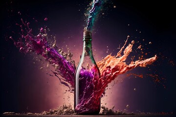 Bottle of wine ink explode as opening excitement celebration winery concept. Beautiful Color coded splash liquid booze shot. Design for advertising drink and alcohol background display. Generative AI 