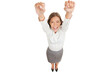 © Maridav - Ecstatic happy woman cheering and winning. Humorous high angle perspective of a beautiful winner woman laughing and celebrating as she raises her hands in the air in jubilation, isolated on white.
