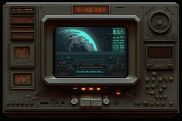 Dark sci-fi led display television futuristic monitor screen device with buttons and card slots in a mechanical frame with iron texture generative ai